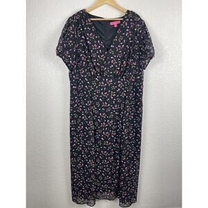 Betsey Johnson Cherry Dress Womens Size 18 Black Maxi Short Sleeve Plunge V-Neck